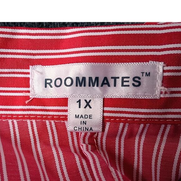 NWT Roommates Red Stripe Button Front Top 1X Roll Tab Sleeve Minimalist Office - Picture 7 of 11